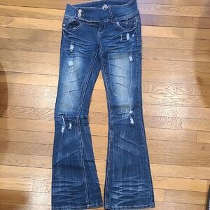 Almost Famous Distressed Flare Jeans in Dark Blue